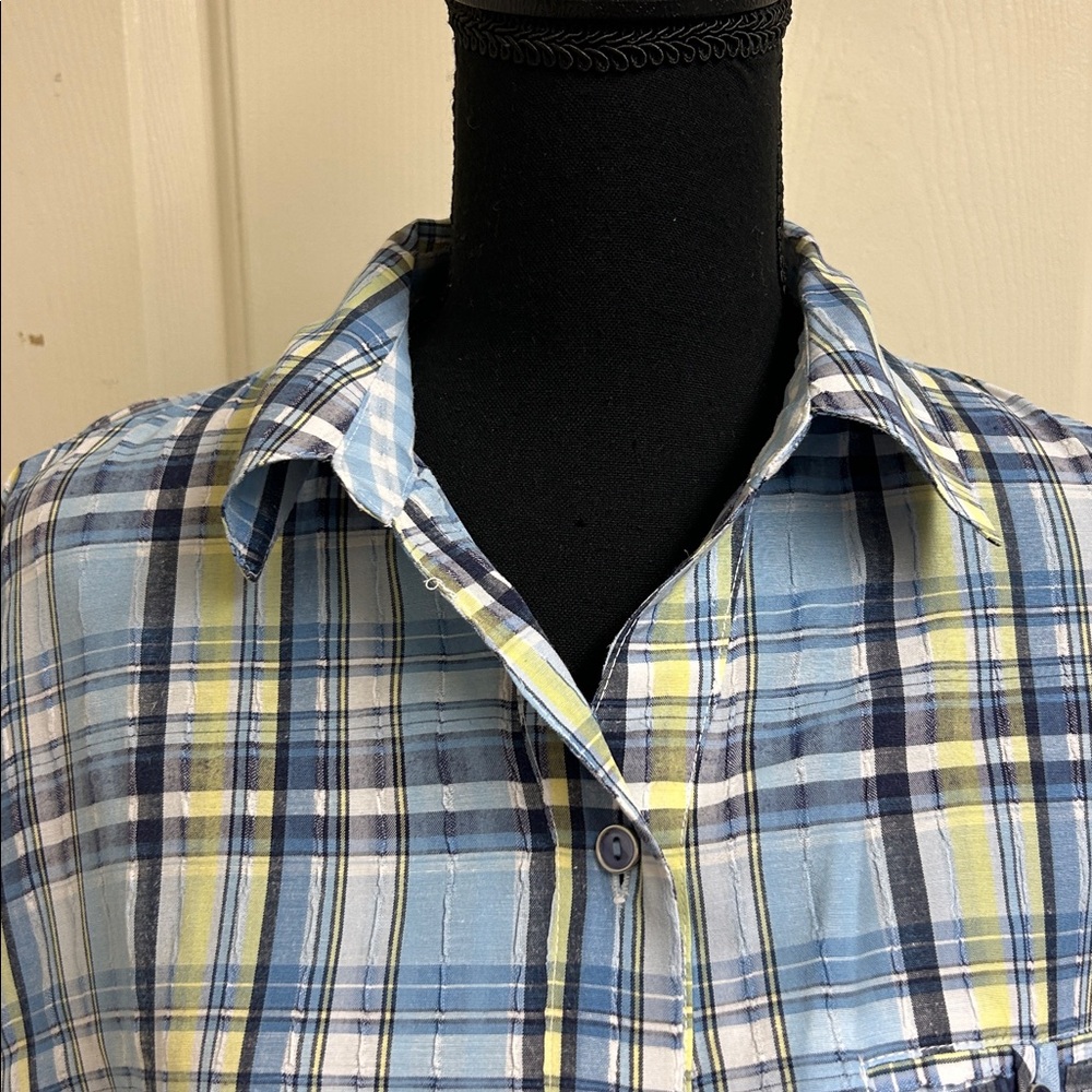 Allison Daley Plaid Button Up Shirt, Size Large, Blue and Yellow, Black EUC - Picture 2 of 9